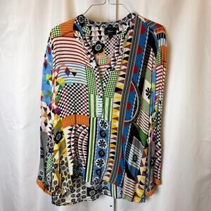 Shana Eclectic Patchwork Blouse Size L Lightweight Tunic Maximalist Viscose Silk